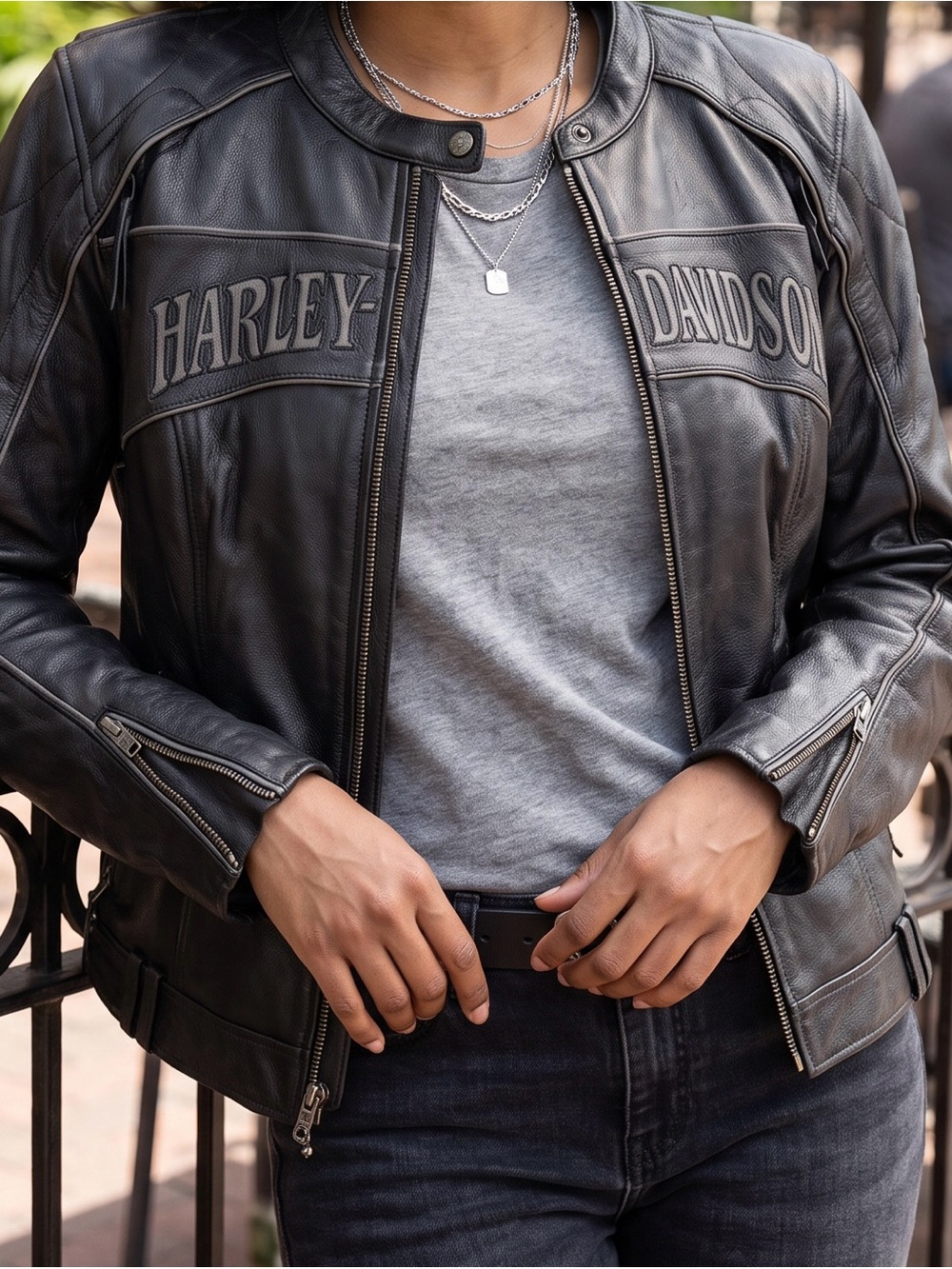 Harley-Davidson Black Leather Bomber Jacket with Chest Logos